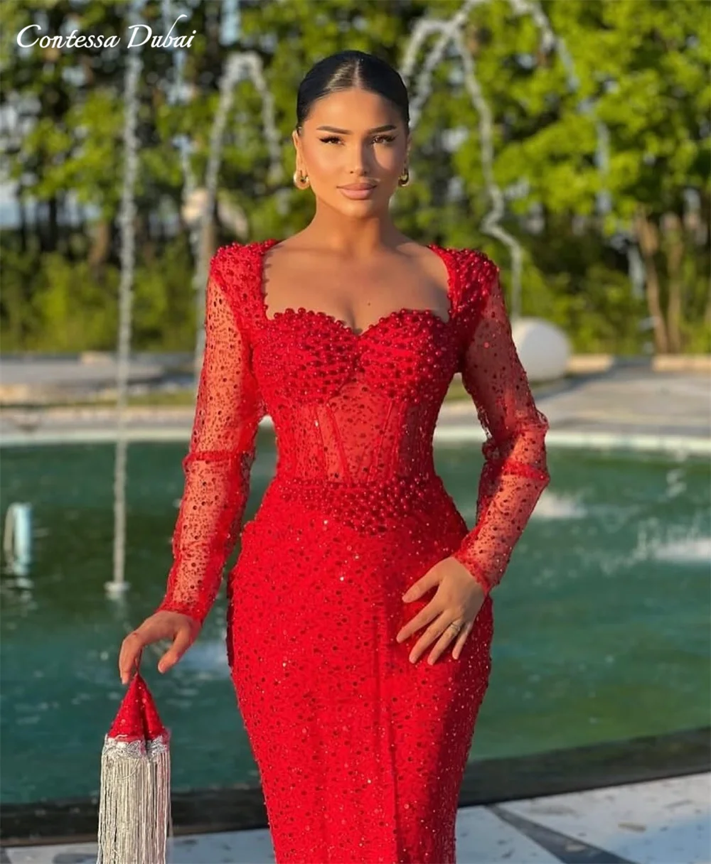 

Contessa Dubai Роскошное легкое платье для выпускного вечера с жемчужными блестками Vestidos de noche Расклешенное платье с квадратным воротником Платье для выпускного вечера