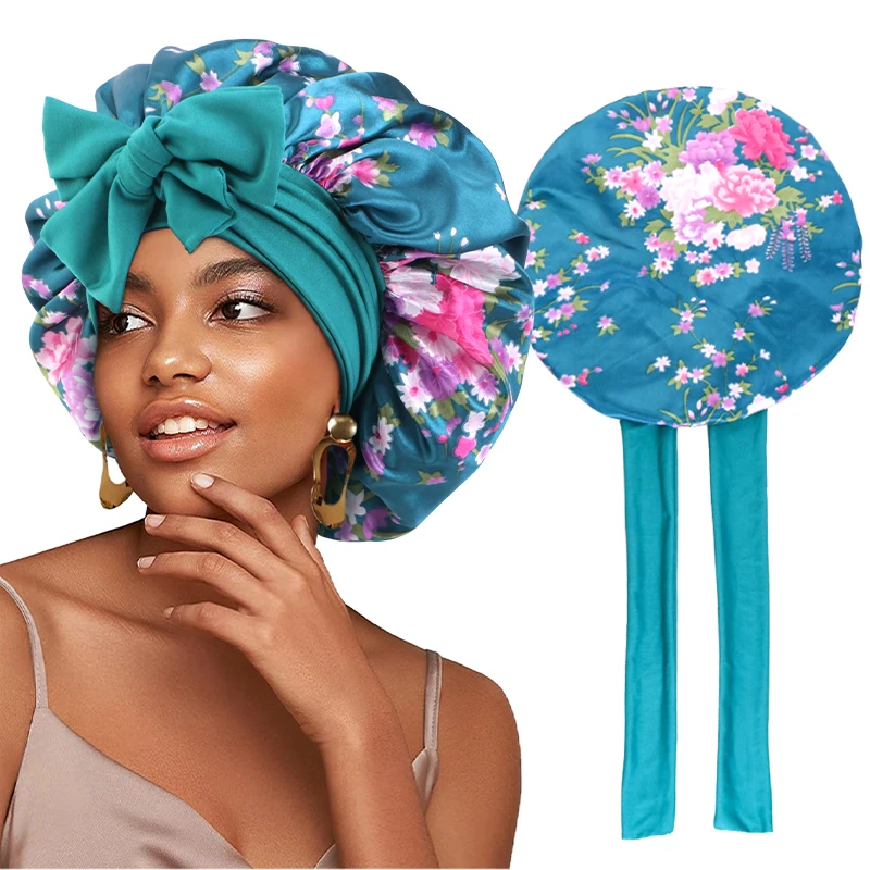 New Women Satin Sleep Cap With Long Ribbon Tail Leopard Print Bonnet Reusable Adjusting Hair Care Wrap Night Shower Cap