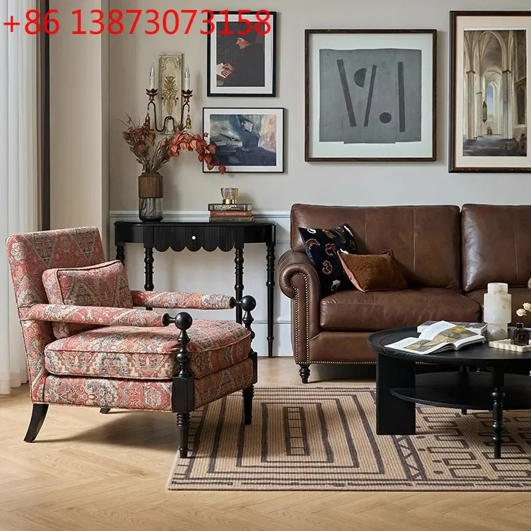 Medieval American fabric sofa retro solid wood single living room lazy single chair light luxury high-end leisure sofa chair