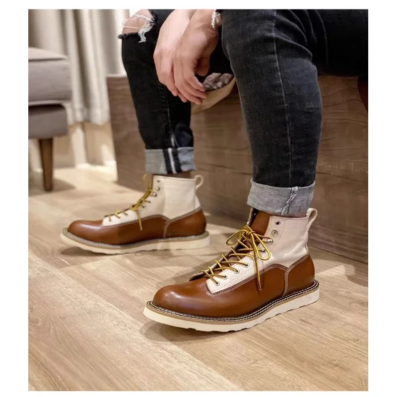 

Fashion Men's Genuine Leather Chelsea Boots British style High Top Leather Shoes Outdoor Mid-calf Elastic Western Work Boots