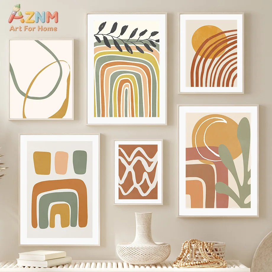 AZNM Boho Earth Tone Rainbow Geometric Botanical Canvas Wall Art Modern Abstract Neutral Unframed Painting For Living Room Home