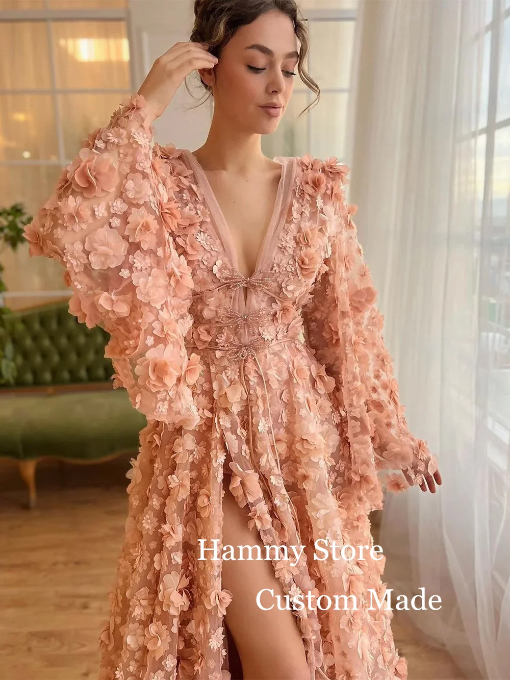 Customized Special Occasion Dresses Evening Dress Batwing Sleeve V Neck High Slit Flower Lace Prom Gown for Weddings Party Dress