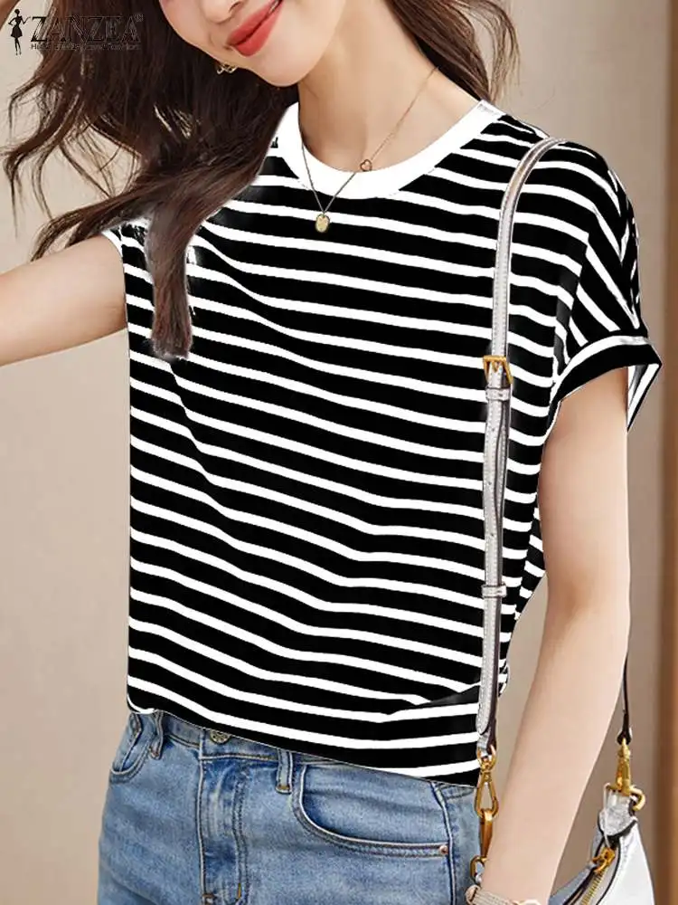 ZANZEA Striped Short Sleeve T-shirts Women Party Elegant O Neck Tunic Tops 2024 Summer Color Blocking Stylish Casual Blouses