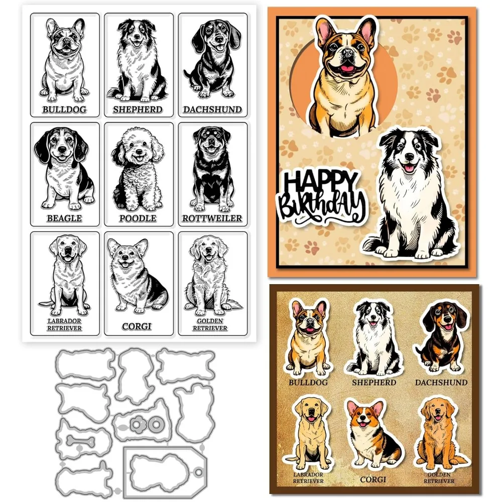 Dogs Illustrations Clear Stamp and Cutting Dies Set for Card Making Bulldog Puppy Silicone Transparent Stamps Shepherd Animals