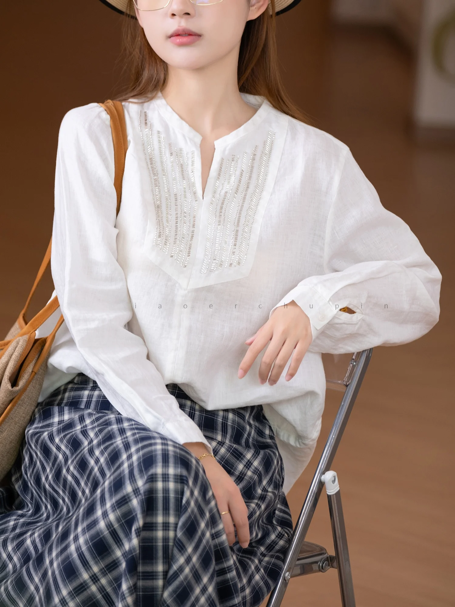 

Ele Long Sve Loose Fit Slimming Top with Bead Embroidery Linen Lyocell Heavyweight Wa Small Ear Brand Ladies T-irt