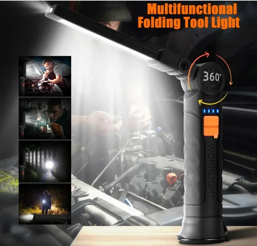Portable COB LED Work Light, USB Rechargeable Magnetic Hanging Flashlight with Built-in Battery for Camping