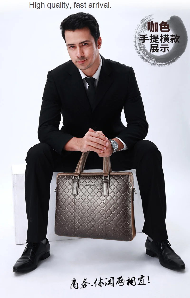 Bolso de negocios para hombre, bolsa de mensajero de bolso de piel de vacuno, maletín portátil de hombro con rombos