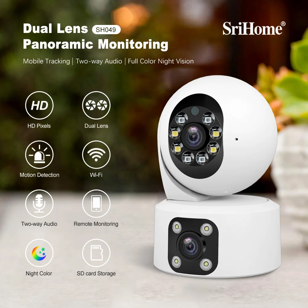 

Srihome 4MP WiFi Camera with Dual Screens 600K Light Baby Monitor Night Vision PTZ Security IP Cam CCTV Surveillance SH049