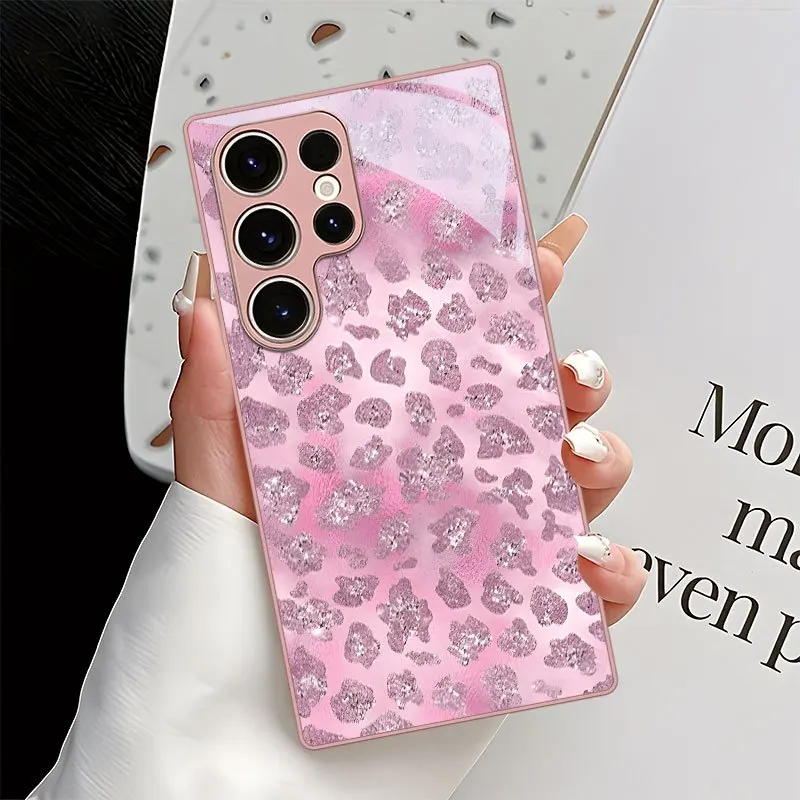 Pink leopard print pattern glass phone case suitable for Samsung Galaxy S26 S25 S24 S22 S21 S20 FE/Ultra/Plus hard case