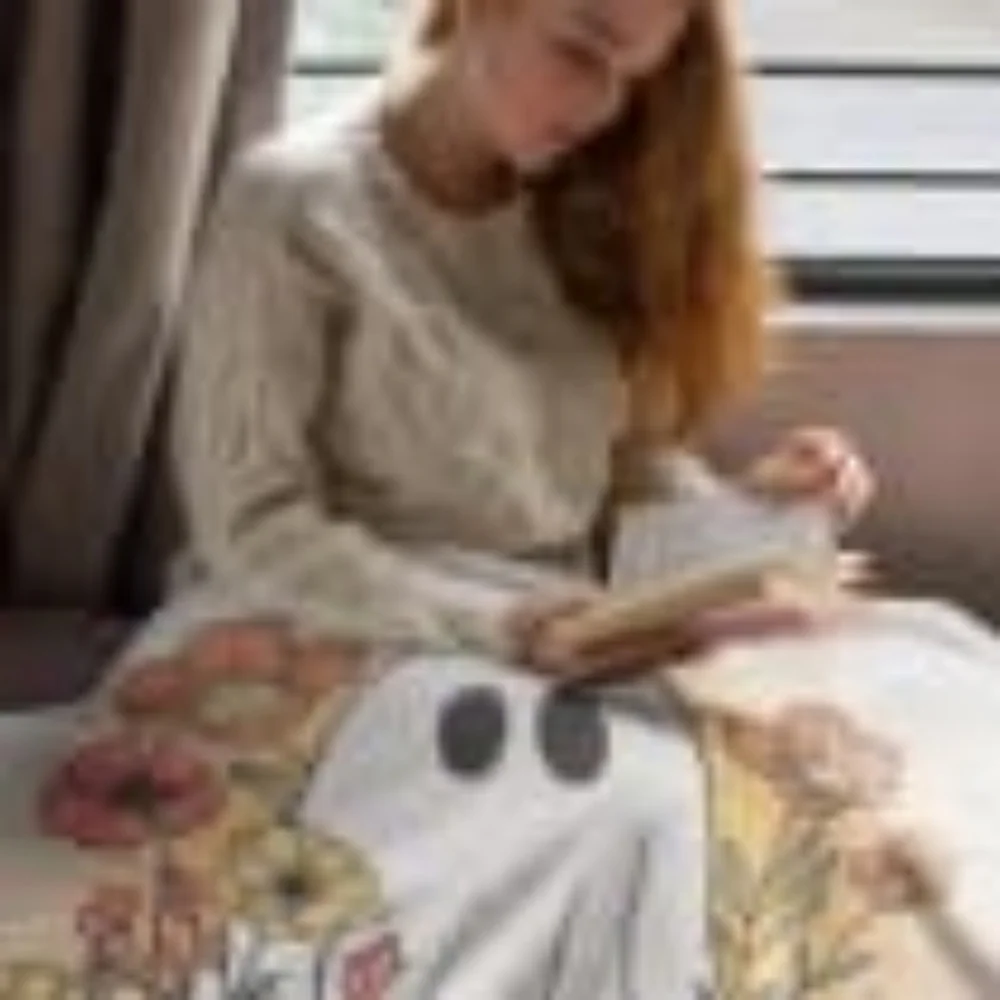 Personalized Name Fleece Throw Blanket Vintage Cute Ghost With Floral Bouquet Halloween Home Decor