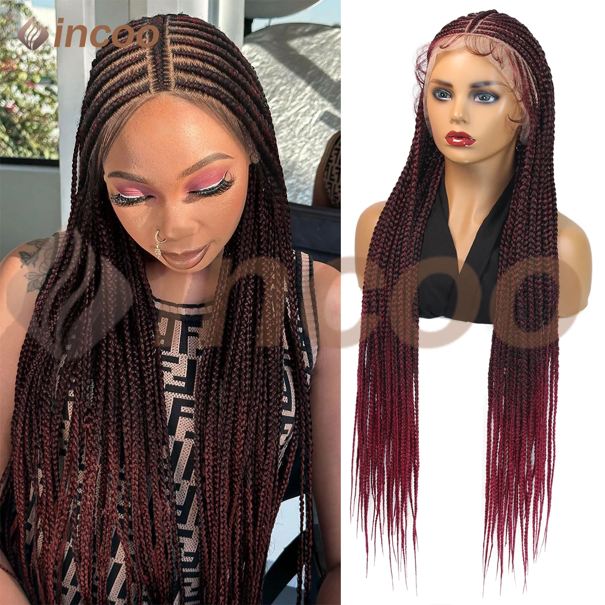 

32 Inch Full Lace Front Cornrow Box Braided Wigs for Black Women Synthetic Natural Deep Middle Part Braid Wigs with Baby Hair