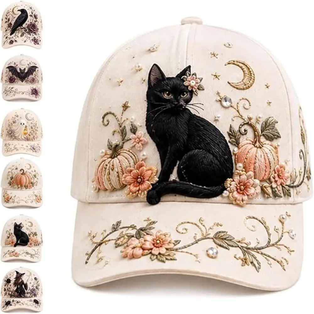 3D Embroidery Halloween Baseball Cap Cotton Material Adjustable Baseball Hat Breathable Witch Ghost Pumpkin Bat