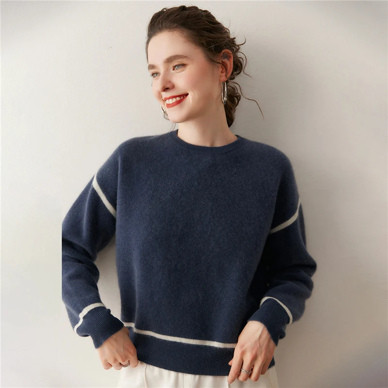 

New Women 100% Cashmere Sweater O-neck Long Sleeve Pullover Autumn Winter Color Block Short Style Cashmere Knitwear Popular Tops