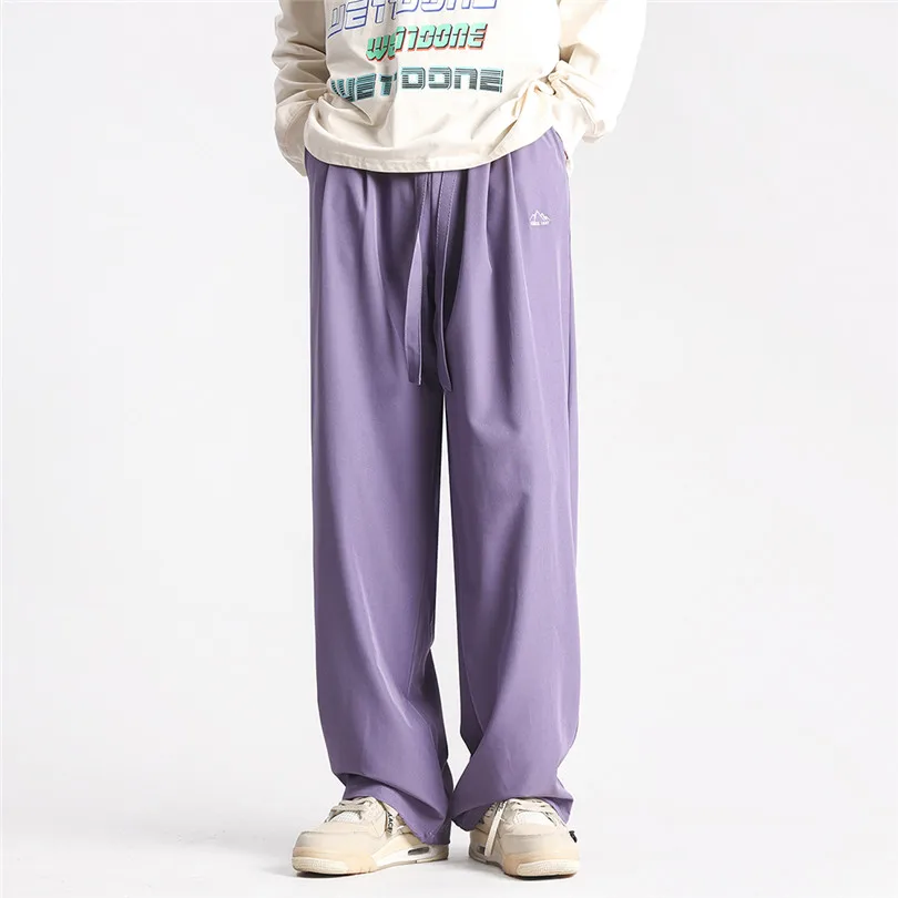 Summer Pants For Men Fashion Korean Streetwear Purple Soild Adjustable Cuffs Casual Pant Loose Straight Leg Trousers