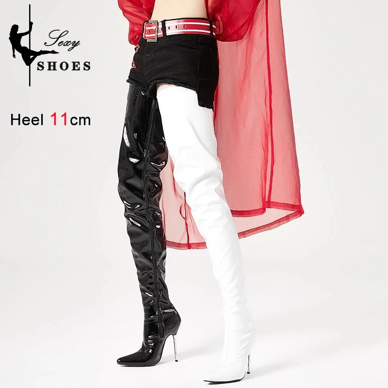 2023 Over-the-knee Shiny Women\'s Boots Patent Leather Thigh High Boots Girl Shoes Sexy Fetish Zipper Pointed toe 11cm High Heels