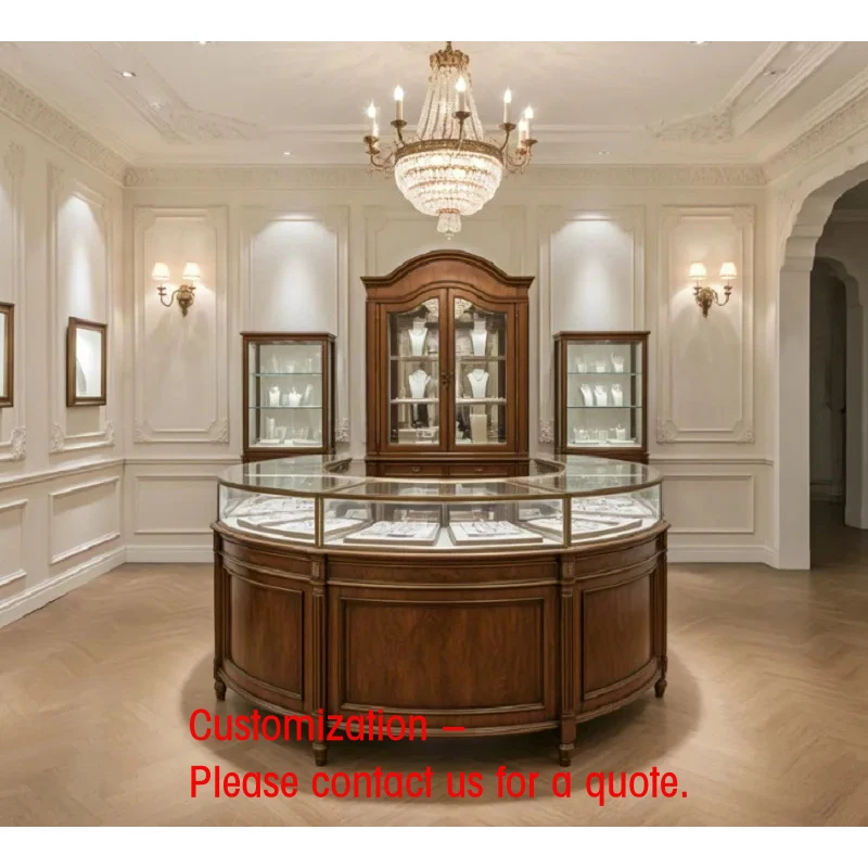 custom.Vintage Solid Wood Curved Island Jewelry Display Counter LED Lighting | Walnut Wood Carved Details | Glass Showcase Retai