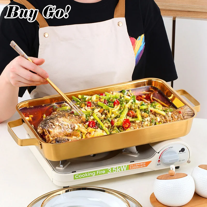 

Stainless Steel Flat Bottom Golden Grilled Fish Plate Korean BBQ Tray Plate Rectangular Dinner Baked Plate for Kitchen Party