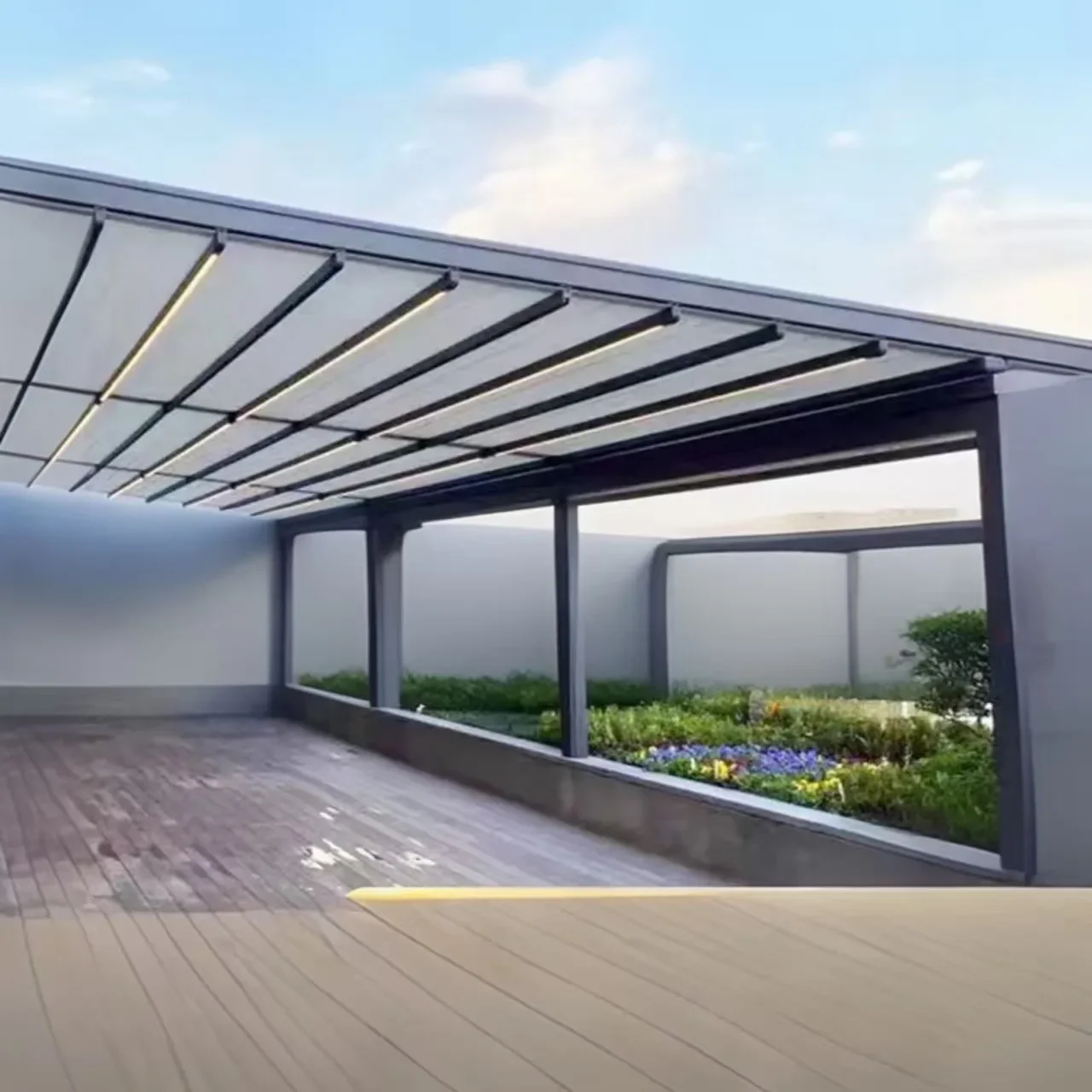 Electric Retractable Pergola Awning with LED Light - Waterproof Customizable Canopy for Outdoor Living Space