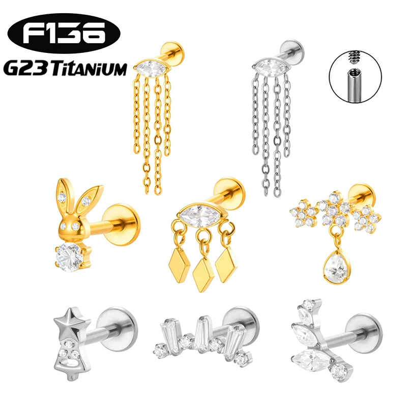 1PC G23 Titanium Internally Threaded Flower Dangle CZ Labret Stud Tragus Cartilage Earring Flatback Helix Piercing Body Jewelry