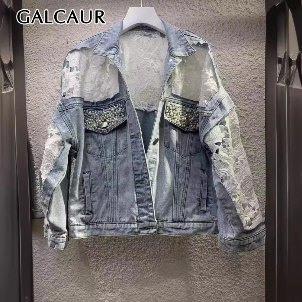 

GALCAUR Solid Slimming Spliced Lace Elegant Jackets for Women Lapel Long Sleeves Patchwork Bead Fashion Coat Female Clothing New