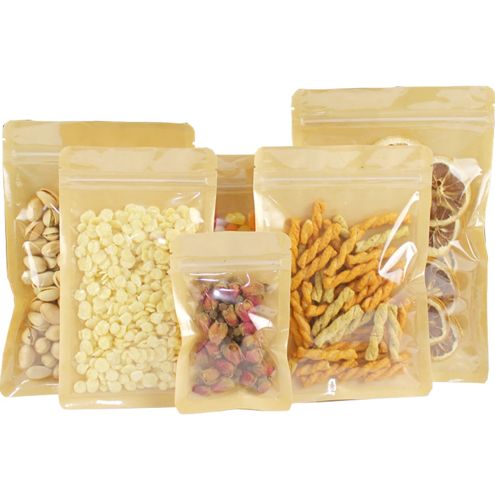 

100Pcs/lot Brown Kraft Paper One Side Clear Plastic Resealable Zip Lock Packing Pouches Dried Flower Candy Zipper Storage Bag