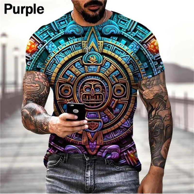 Colorful Cool Pattern T-Shirt For Men Aztec Calendar 3D Printed Tees Summer Casual Short Sleeve Loose T Shirts Round Neck Tops