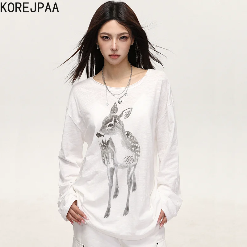 

Korejpaa Summer New T Shirts Thin Sunscreen Cover Shirt Slim Long Sleeve T-shirt Women Air Conditioning Deer Printed Y2k Top
