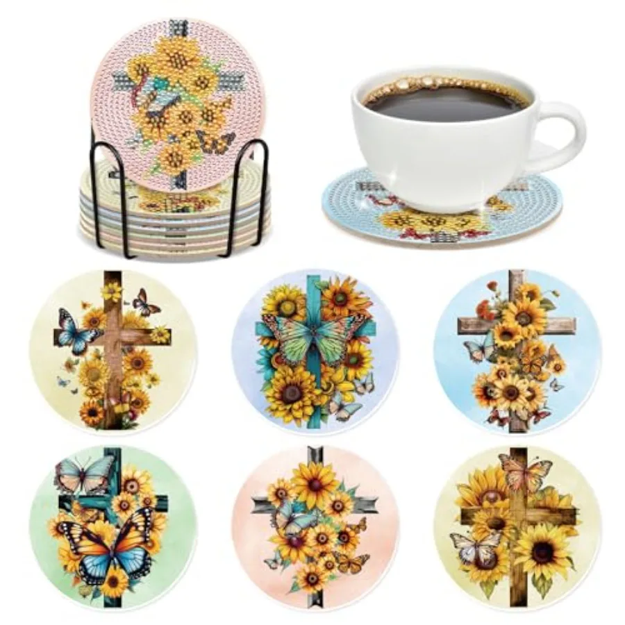 

Christian Diamond Art Coasters - 6 PCS Cross Diamond Painting Coasters Kits with Sunflower Butterfly Pattern Religions Art Craf