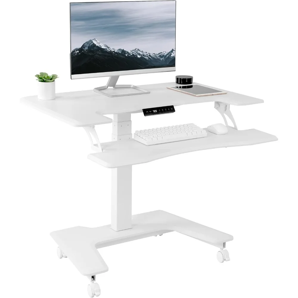 

White Electric Mobile Height Adjustable 36 inch Dual Platform Standing Desk with Wheels, Rolling Small Space Table, Sit Stand