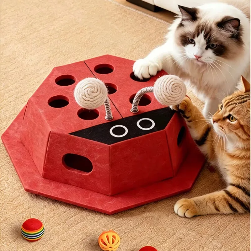 Ladybug Cat Toy Box, Whack-a-Mole Puzzle with Spring Sisal Balls, Interactive Felt Cat Teaser for Indoor Cats Boredom Relief