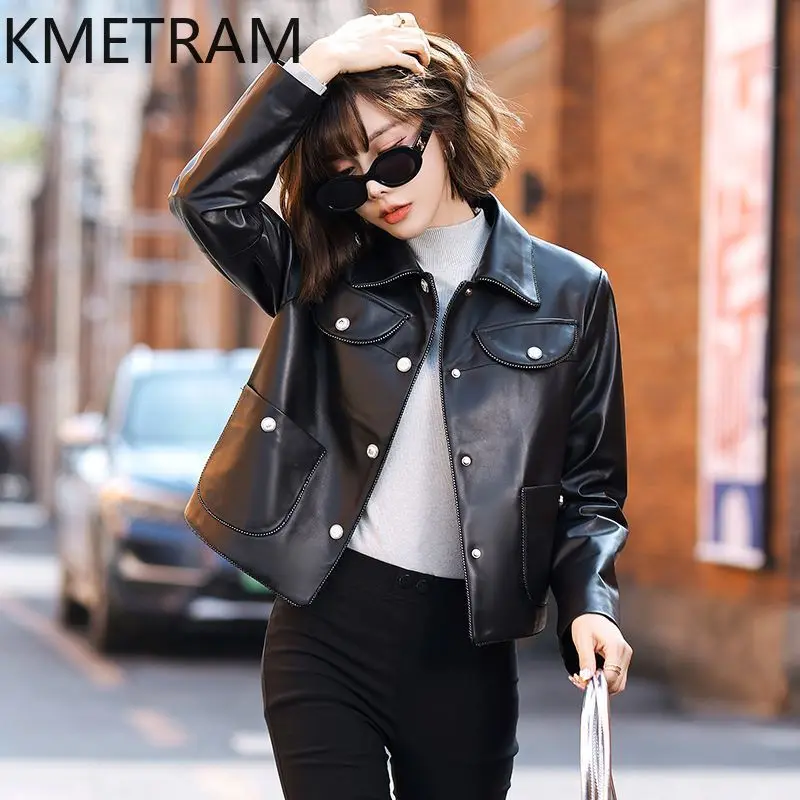 Giacca in pelle di pecora naturale al 100% Donna Giacche corte nere in vera pelle Novità in capispalla Abiti autunnali 2025 Donna дубл Sbianка