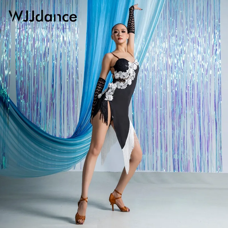 Customized WJJdance Latin Dance Suit Flower Dress Women Strap White Lace Bordered Tassel Dress Watch Performance Clothing