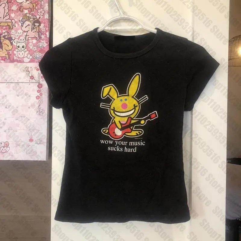 Women Clothing Y2K High Street Harajuku Retro Goth aesthetic Punk Fashion Casual Print anime bunny Short Sleeve Top Short Navel