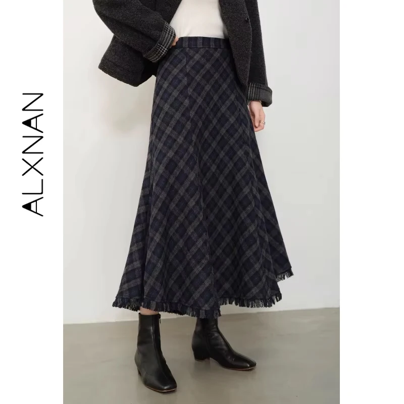 

ALXNAN Plaid Skirt Autumn Winter Fringe High-waisted Official Mid-length Skirt Vintage Easy-clean Commuter Ladies Skirt L57318