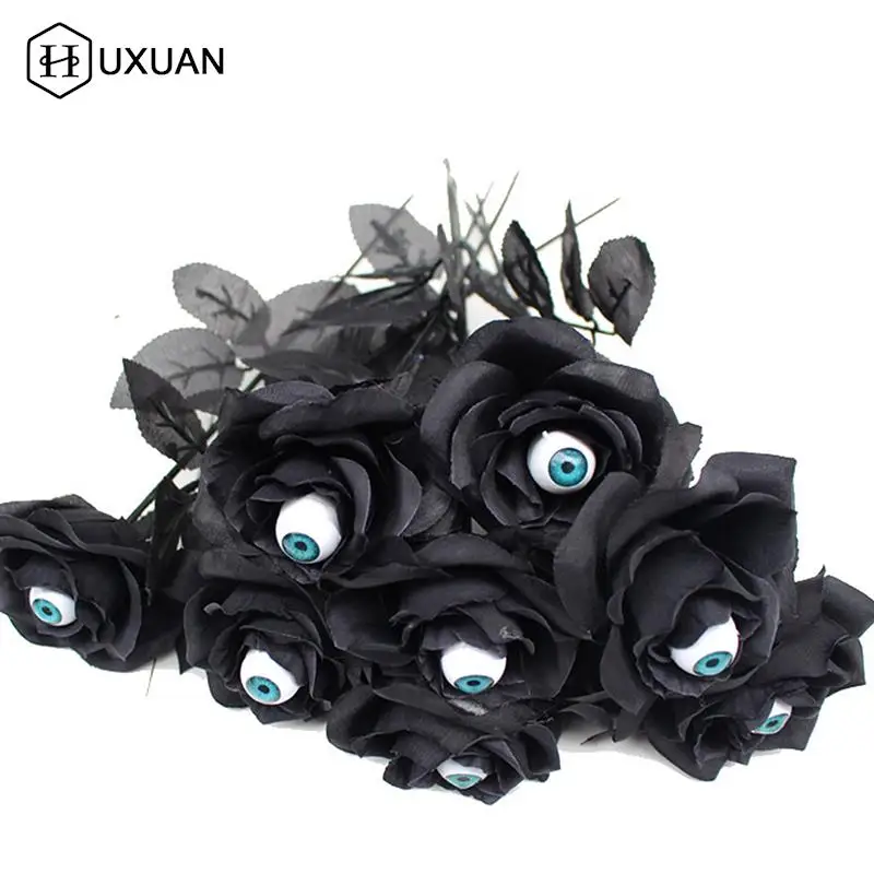 1Pc Gothic Black Rose Artificial Flower With Eyes Head Bouquet Home Halloween Decoration Horror Fake Rose Flowers