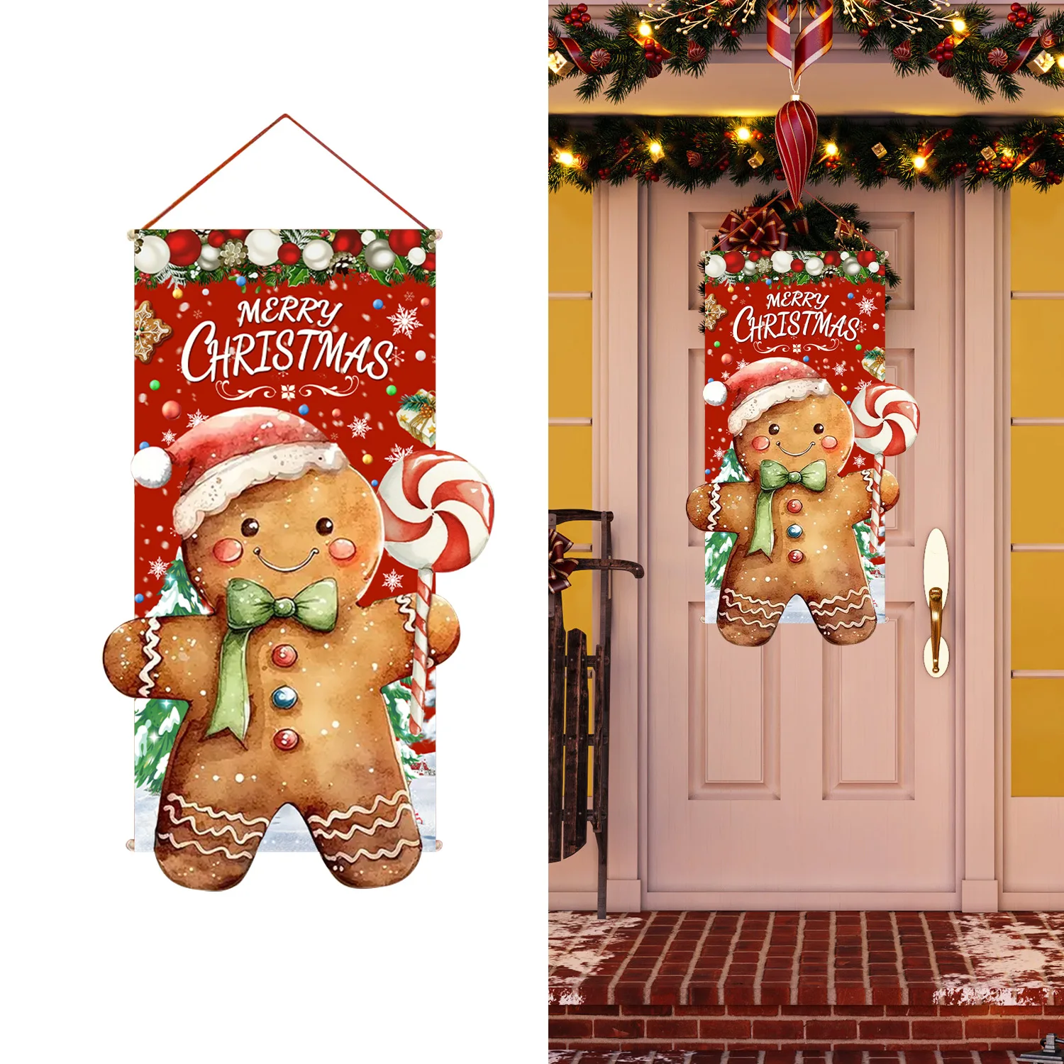 Christmas Gingerbread House Door Set Gingerbread Man Holiday Decorations Indoor and Outdoor Christmas Themed Party Decor