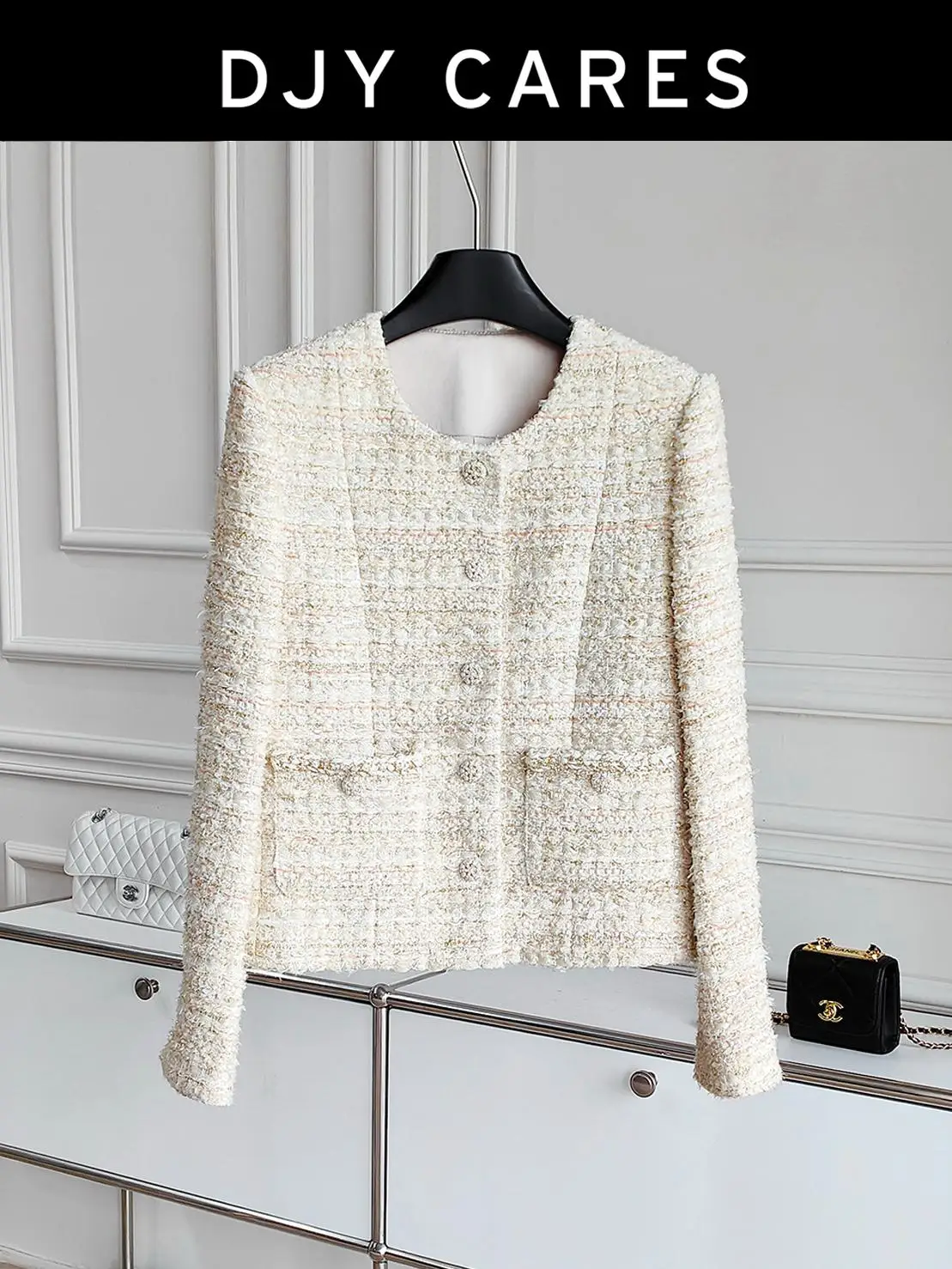 New Bold tweed modern apricot color fashionable round neck jacket  big  size