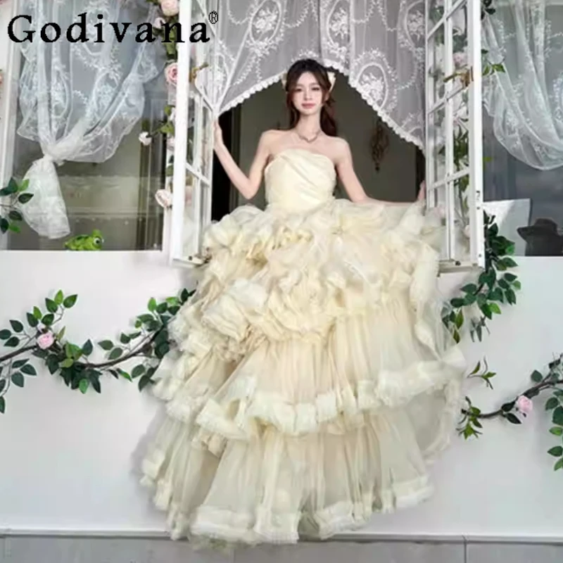 High Waist Sweet Ruffles Temperament Princess Evening Dress Elegant Girls Versatile Age Reduction A-line Fairy Cake Dresses