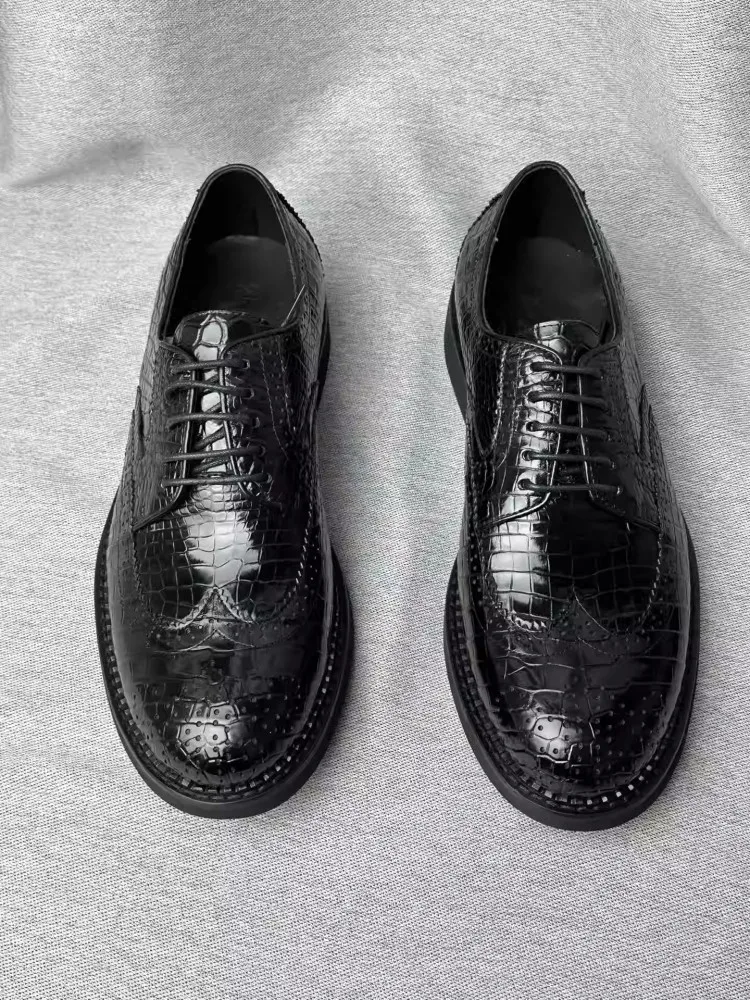 Office Men Business Work Dress Shoes Lace Up High Quality Crocodile Skin Luxury Banquet Groom Genuine Leather Brogue Shoes Male