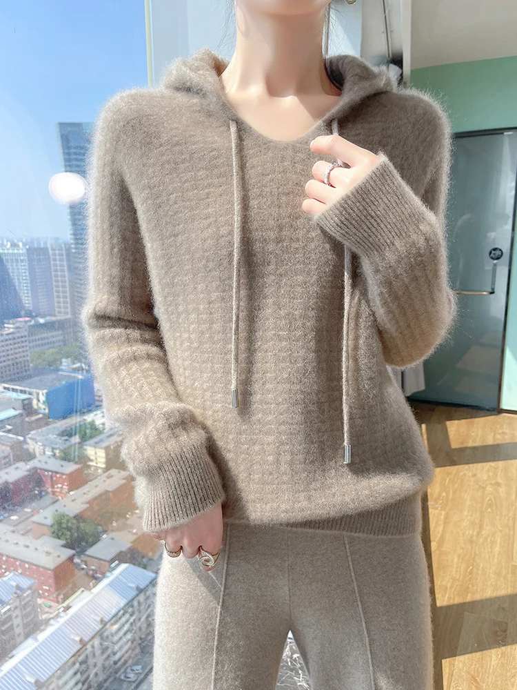 

Женский пуловер с капюшоном из 100% мериносовой шерсти, осень-зима, повседневный модный теплый толстый вязаный кашемировый свитер, толстовка