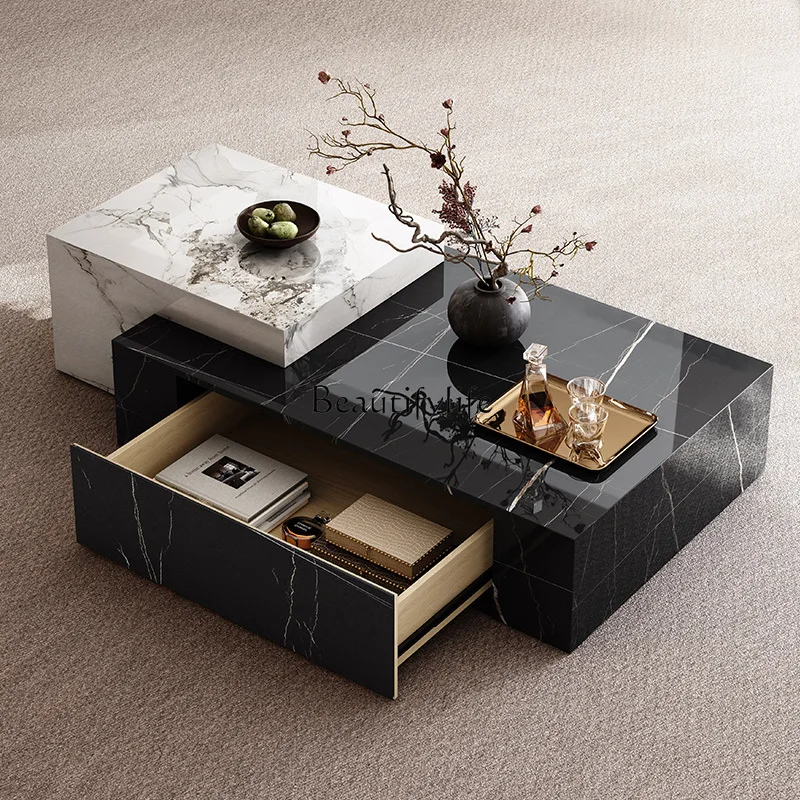 

01Living room household rock slab rectangular coffee table movable light luxury high sense