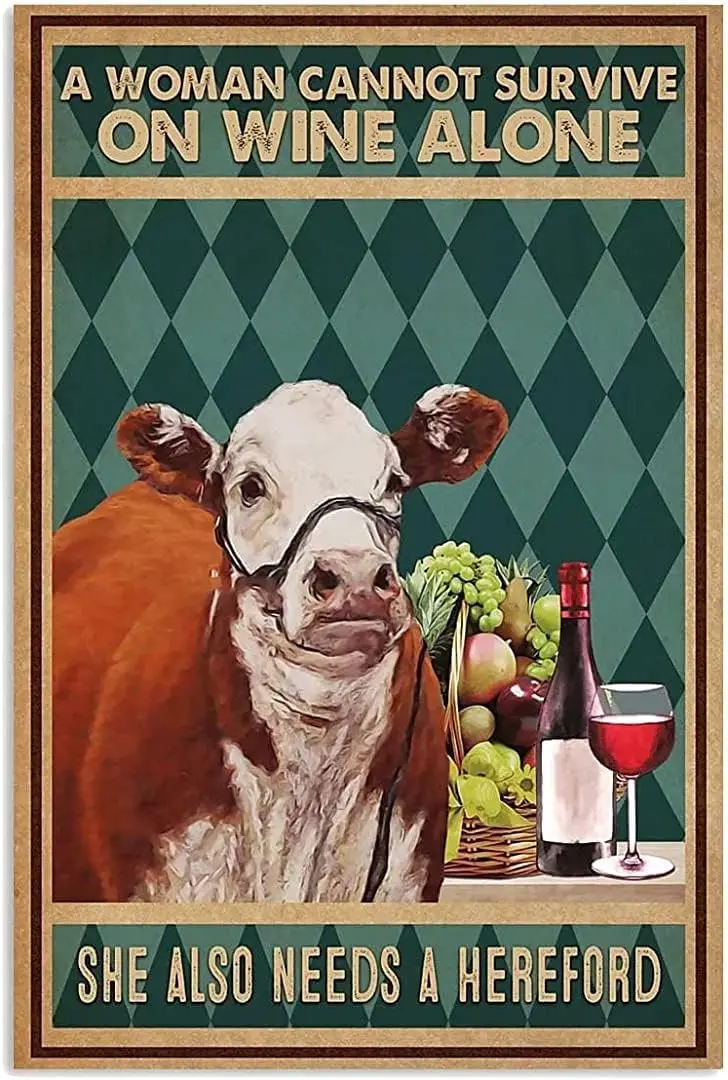 Hereford Cow and Wine Aluminum Sign Retro Metal Tin Signs for Men Women Wall Art Decor for Home Bars Clubs Cafes Iron Painting f