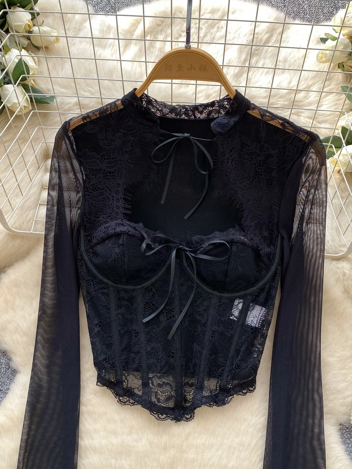 Mulheres preto gótico o-pescoço camisas e blusas vintage y2k 2000s manga longa malha rendas retalhos camisa roupas primavera outono 2025