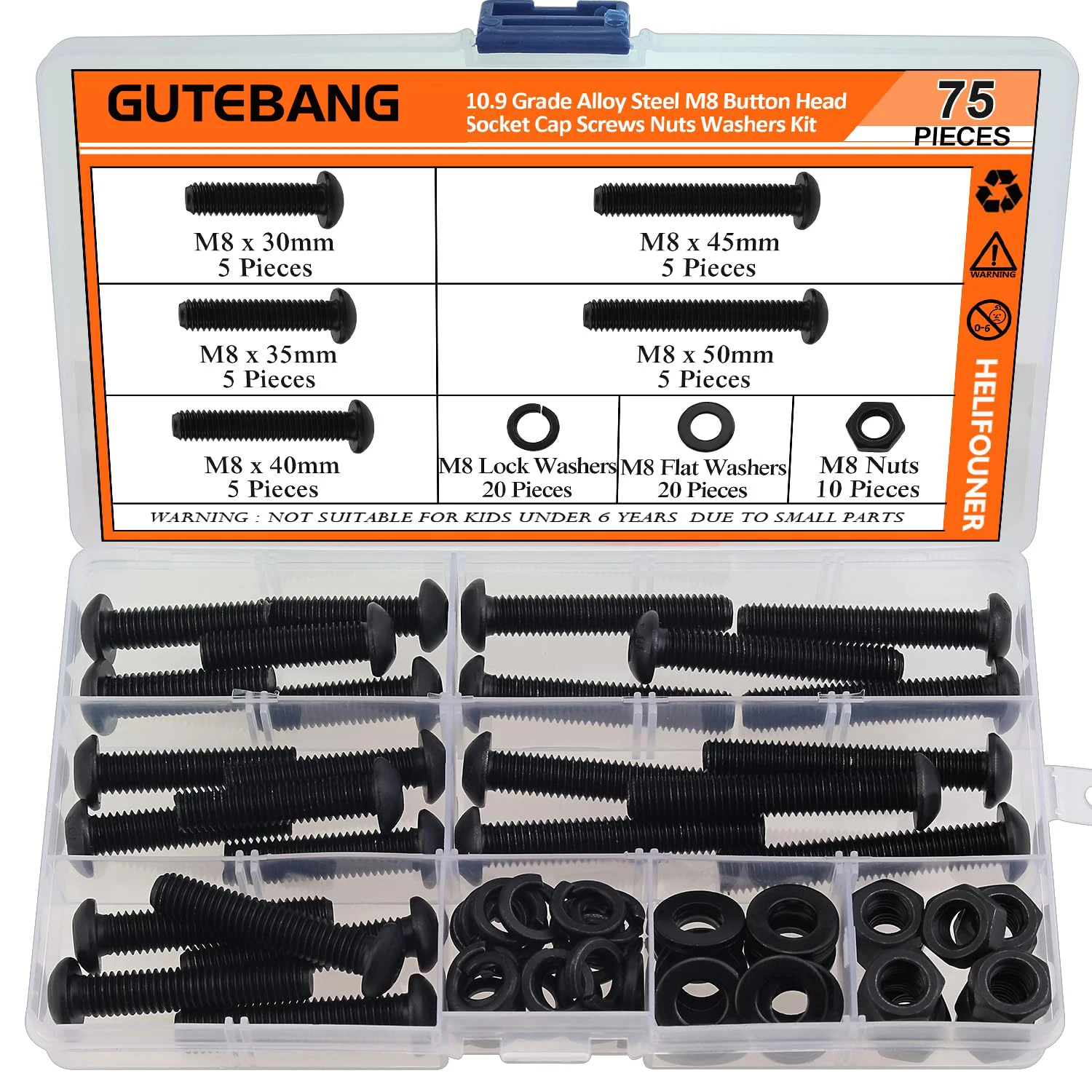 

75 pieces of M8 x 30/35/40/45/50 mm, button head sleeve cover metric screws, washers, nuts and lock nuts kit, 10.9 grade alloy s