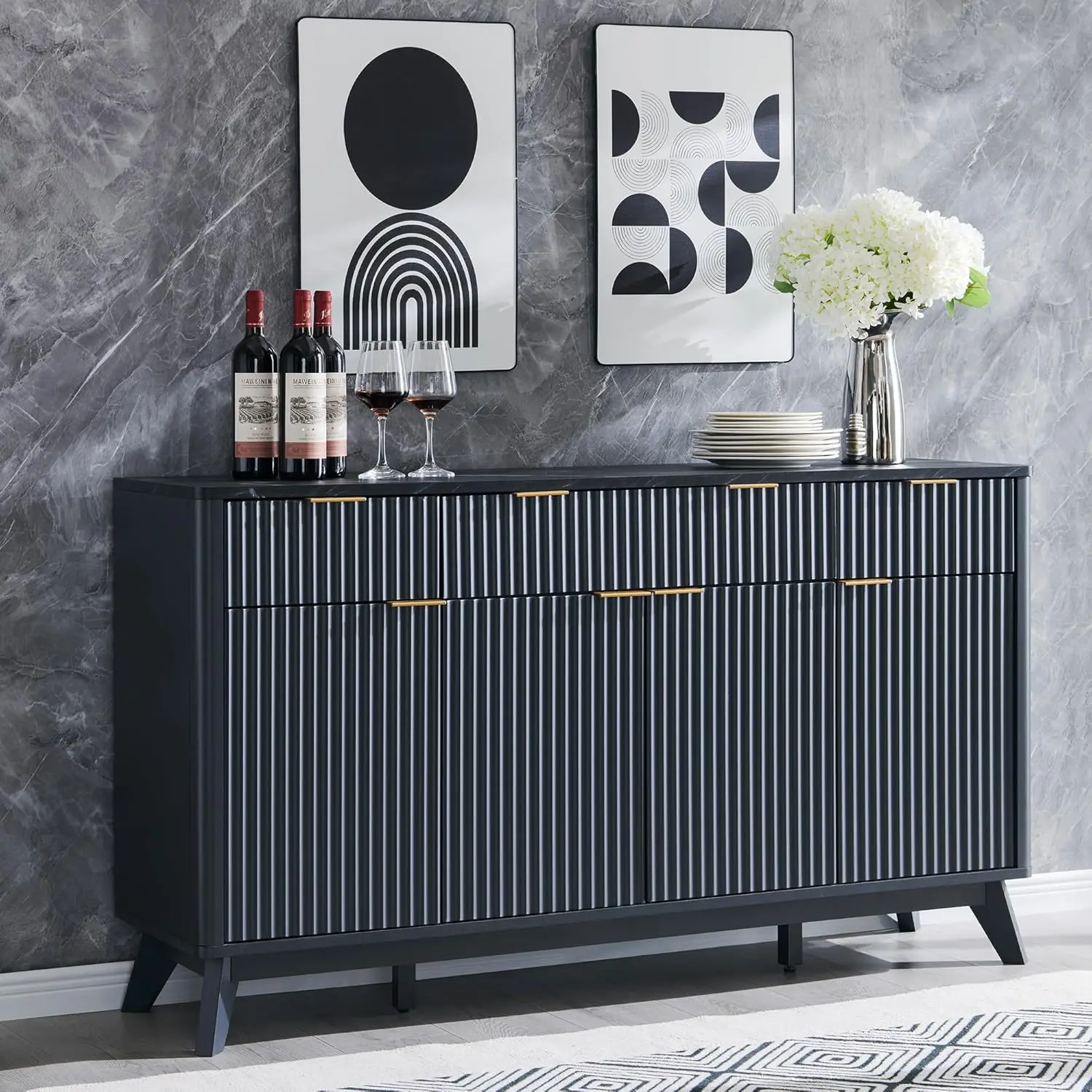 

Large Buffet Sideboard Cabinet With Storages, 60"" Fluted Modern Buffet Table Coffee Bar Wine Bar Storage Cabinet With 3