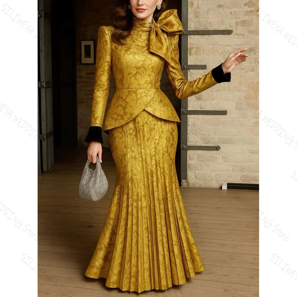 

Golden Print Mermaid Chic Prom Dresses High Neck Long Sleeves Floor-Length Female Party Evening Gown