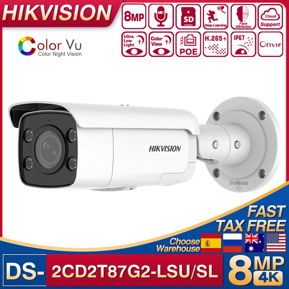 

Original Hikvision 8MP POE ColorVu AcuSense Bullet IP Camera DS-2CD2T87G2-LSU/SL Security Strobe Light and Audible Warning Camer