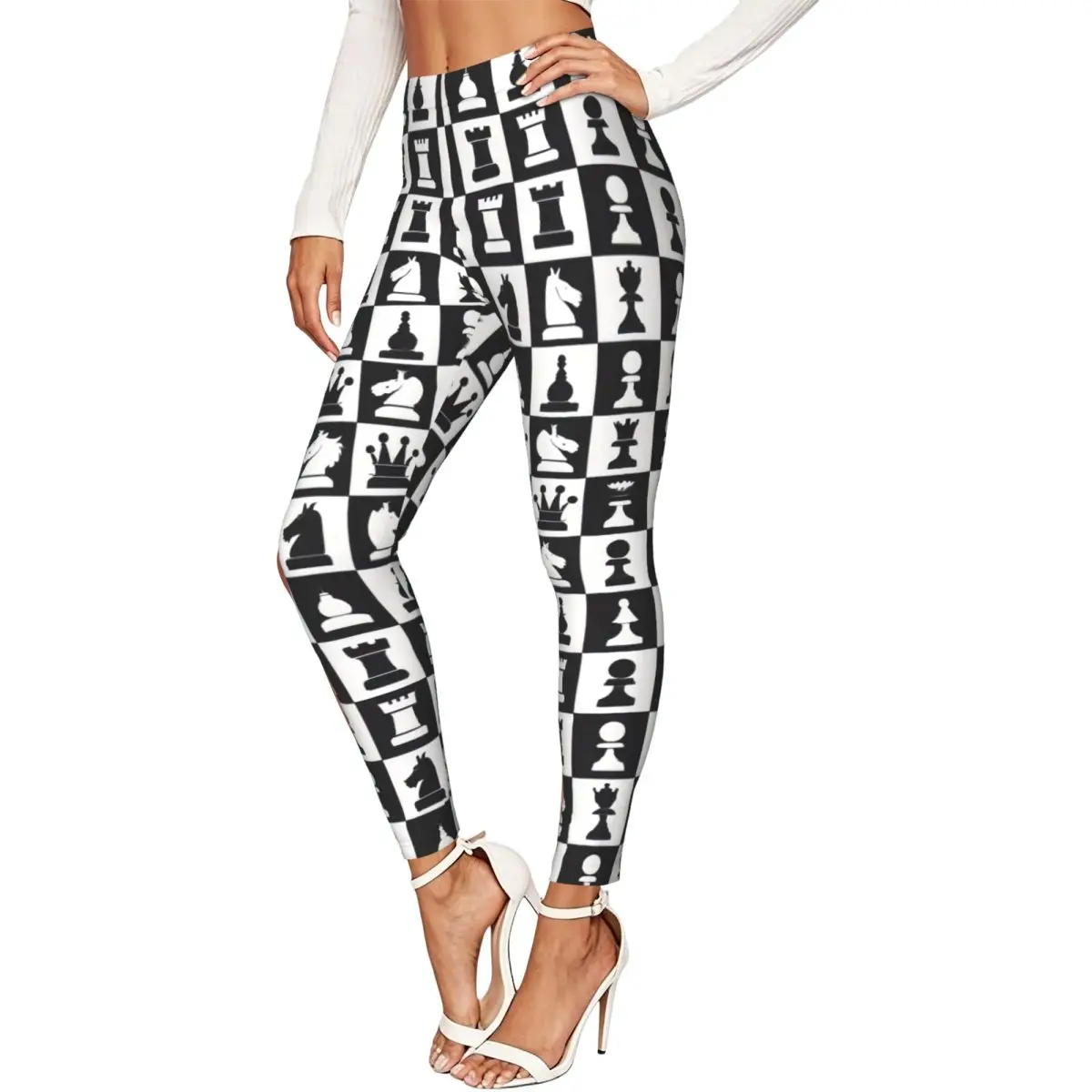 Ladies Elastic Waist Skinny Leggings Classic Chess Board Trousers For Daily Outdoor