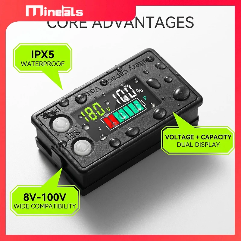 LCD Battery Meter Waterproof IPX7 DC 8V-100V Battery Display Screen 12V 48V 60V 72V White Blue TFT Voltage Display Indicator