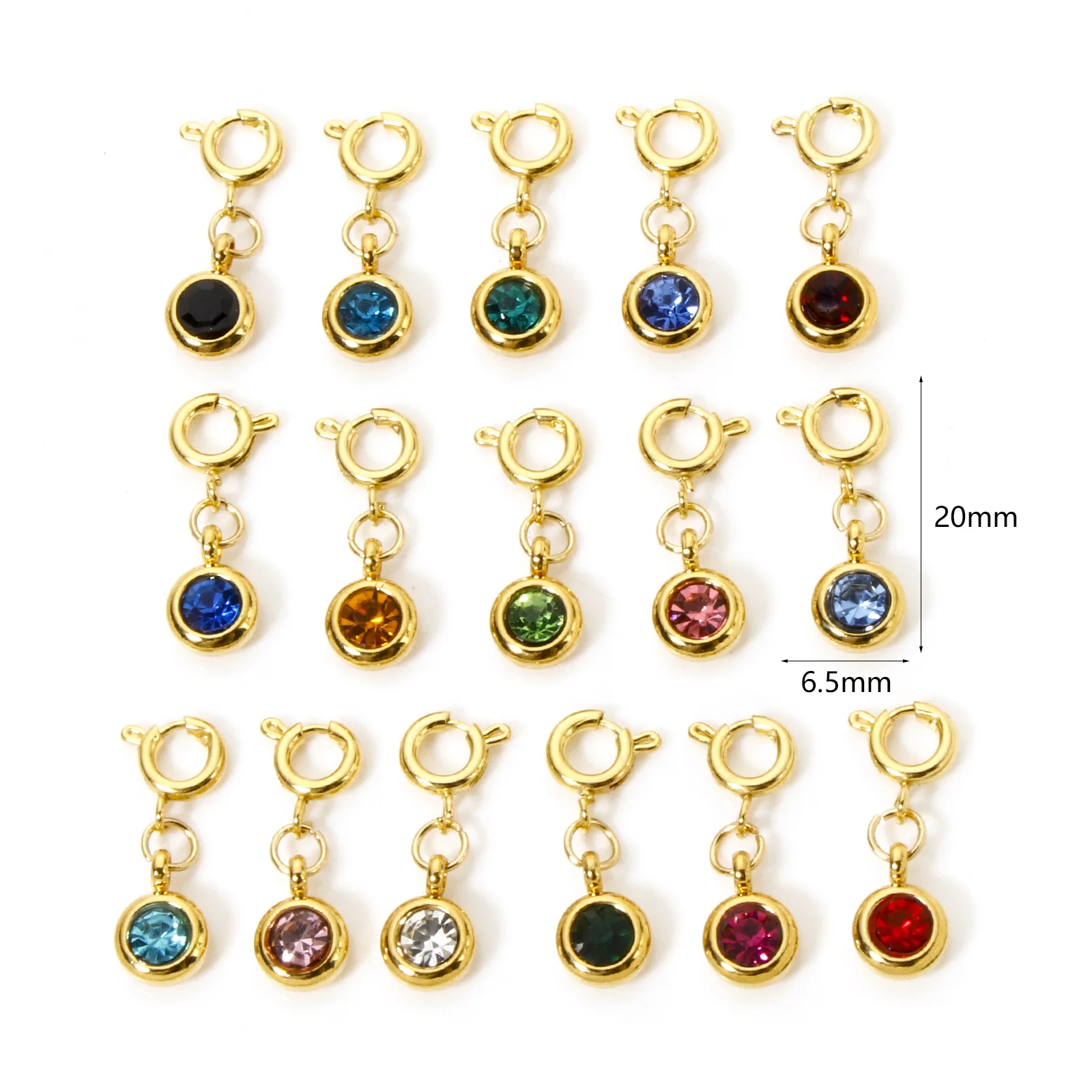 1pc Multicolor Stainless Steel Birthstone Clip On Charms Round With Spring Ring Clasp Pendant DIY Necklace Jewelry 20mm x 6.5mm